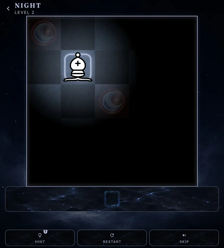 A bishop lights its square in the pitch-dark Night world, revealed by the flashlight