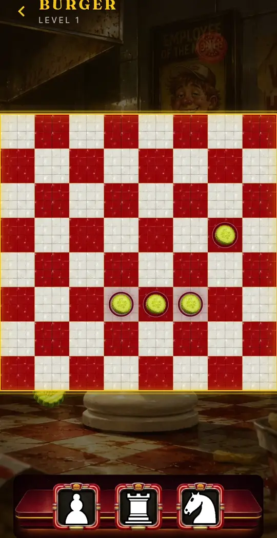 Three pieces on a Burger board: pawn, rook, then knight, until every square is lit